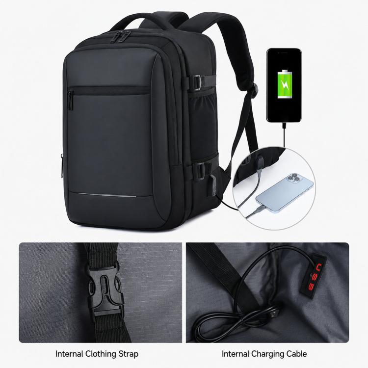 Black travel laptop backpack with USB charging port and internal cable, with shoulder strap.