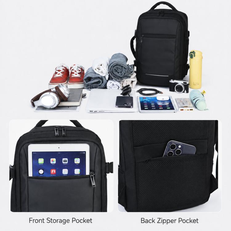 Black laptop backpack with front organizer pockets for phone and tablet.