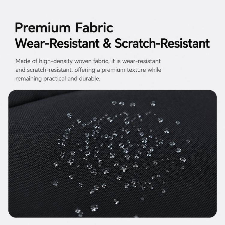 Black water-resistant fabric backpack with water droplets on textured surface.