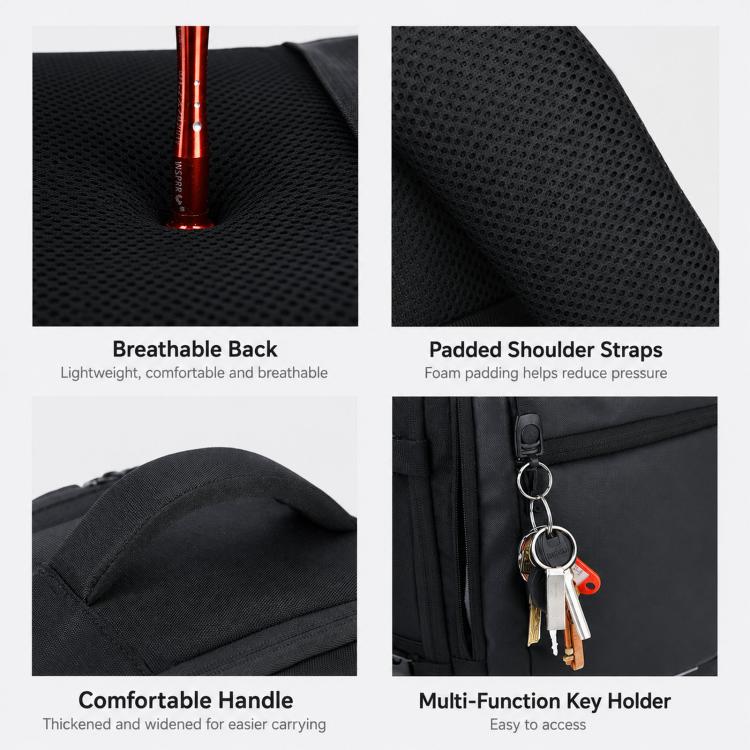Black laptop backpack with breathable back, padded straps, and key holder.