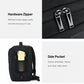 Black laptop backpack with metal zipper pulls and front side pocket