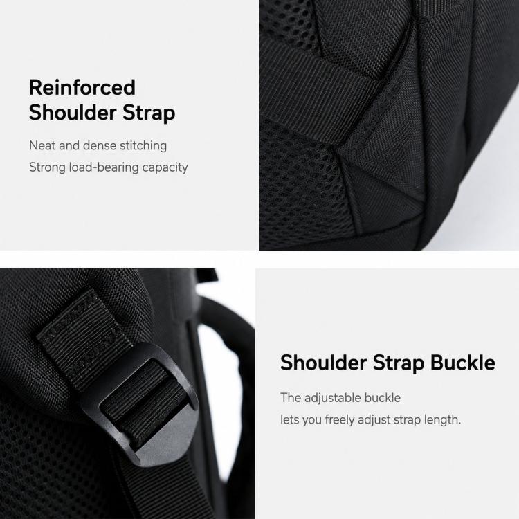 Black laptop backpack with reinforced shoulder straps and adjustable buckle