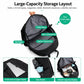 Black laptop backpack interior layout with striped lining, main compartment, and side pockets.
