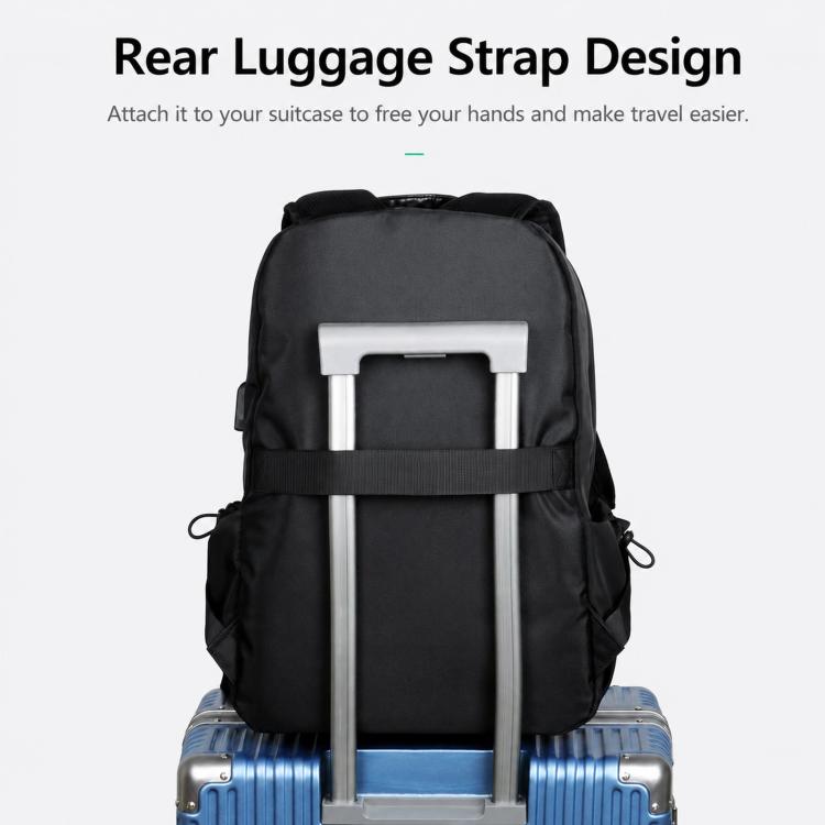 Black laptop backpack with rear luggage strap and padded top handle.