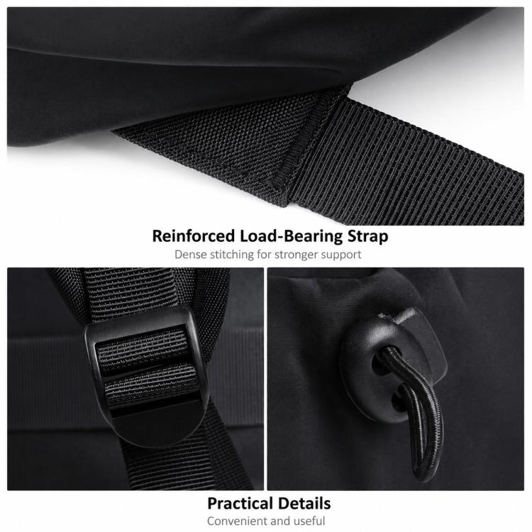 Black laptop backpack with reinforced load-bearing strap and sturdy metal D-ring hardware.