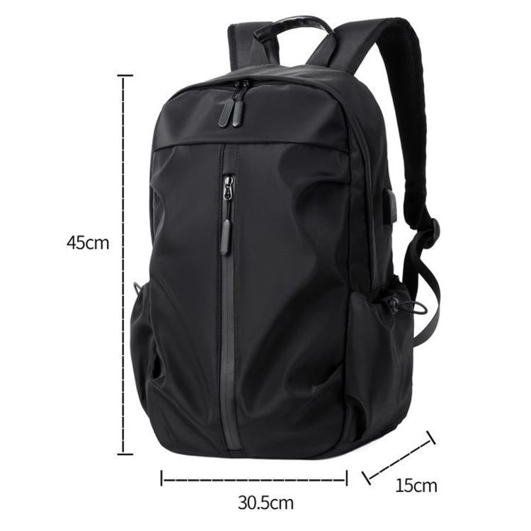 Water-resistant laptop backpack, black with top handle, front vertical zipper and side pocket