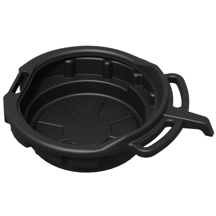 Black round oil drain pan basin with handles and short pour spout for controlled draining