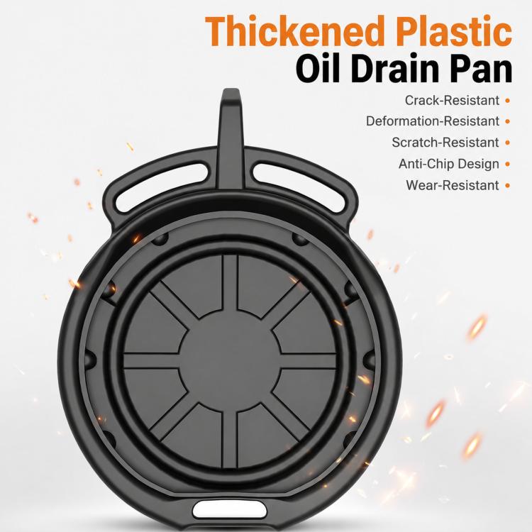 Thick black plastic oil drain pan with central pattern and integrated pour handle loop