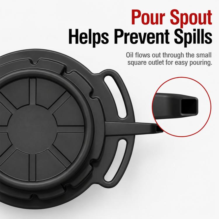 Black oil drain pan with narrow pour spout outlet and side grip handles