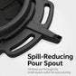 Close-up of black oil drain pan side handles and pour spout outlet on basin