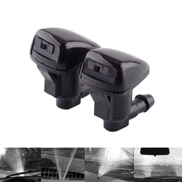 Black front windshield washer nozzle pair with nozzles and outlet tubes