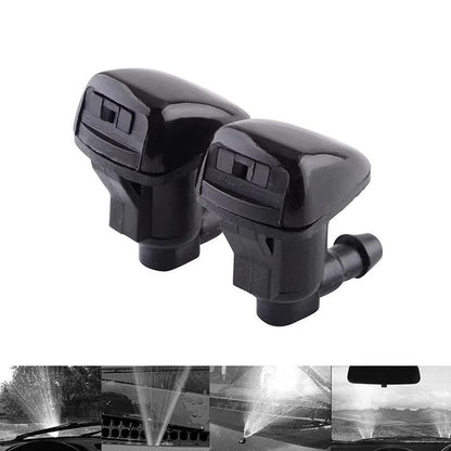 Black front windshield washer nozzle pair with nozzles and outlet tubes