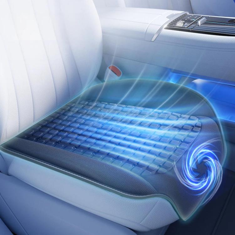 Car seat cooling gel pad with raised grid and blue airflow glow on the cushion