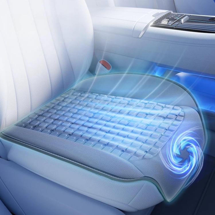 Car seat cooling gel pad with raised grid and blue airflow glow for summer comfort