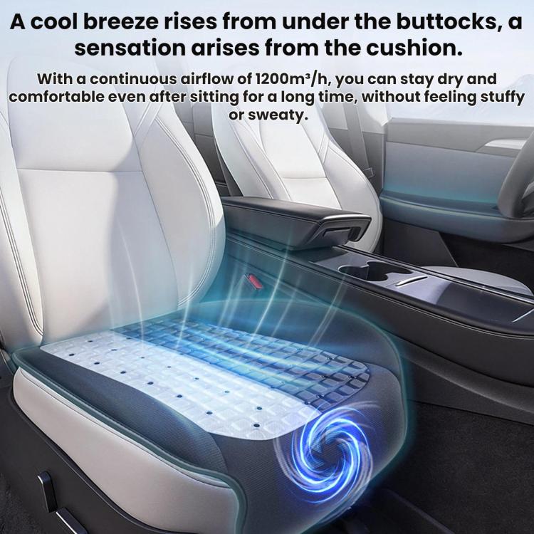 Car seat cooling gel pad with raised grid and visible blue cooling airflow light