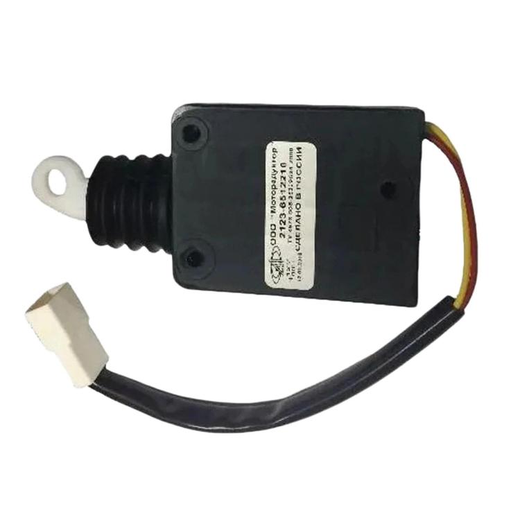 Car door lock latch actuator with wire leads and metal mounting eyelets