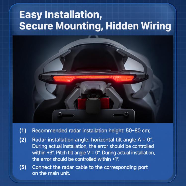 Motorcycle blind spot monitoring radar sensor unit with red rear warning light
