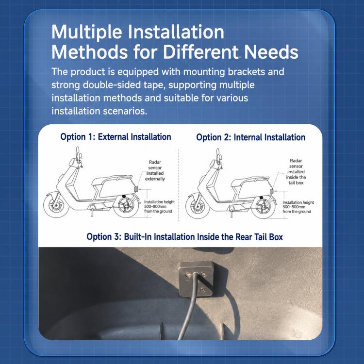 Motorcycle blind spot monitoring sensor kit with mounting brackets and installation options