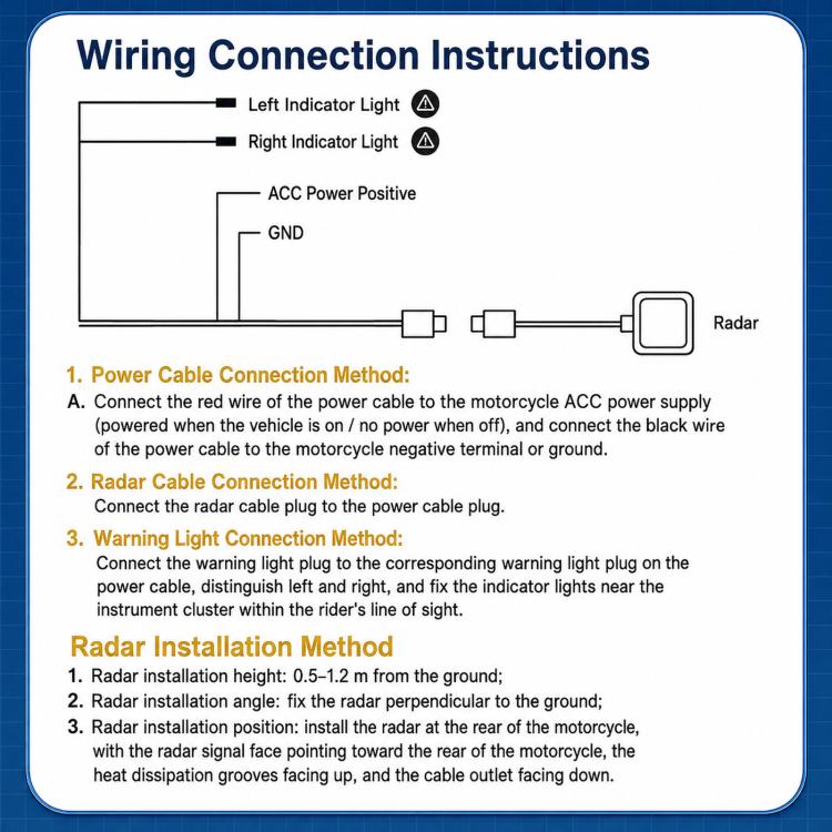 Motorcycle blind spot monitoring wiring connection diagram with radar and indicator lights