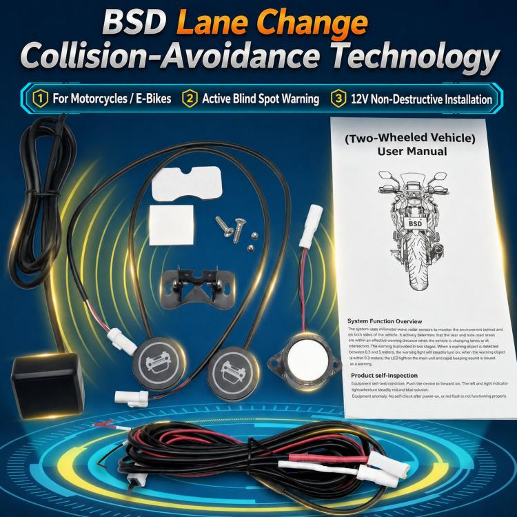 Motorcycle BSD collision-avoidance wiring harness and radar warning module kit