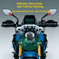 Motorcycle blind spot collision warning system diagram with radar zones on mirrors