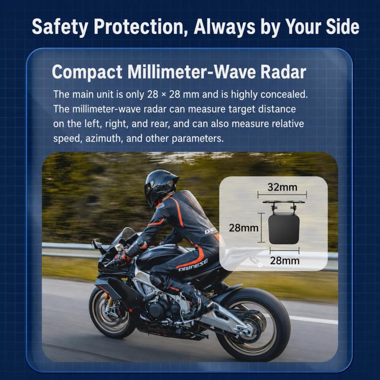 Motorcycle blind spot radar system with compact sensor module size inset