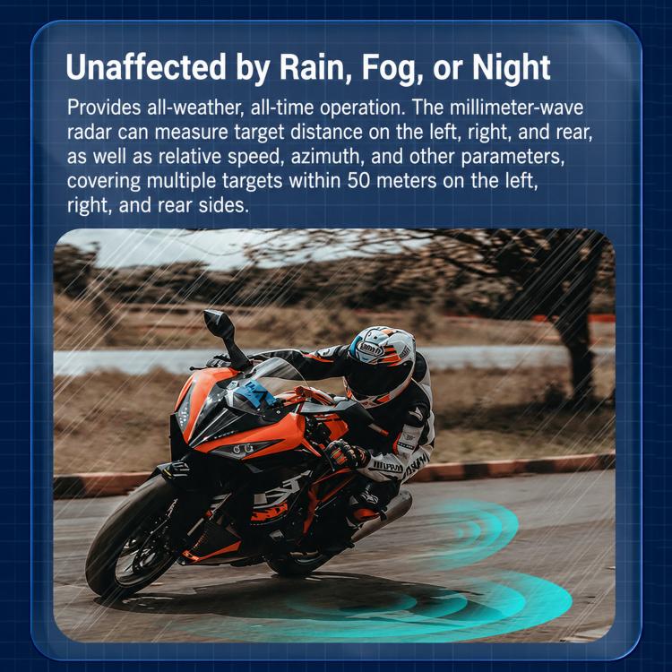 Motorcycle blind spot radar system operating with blue radar signal waves