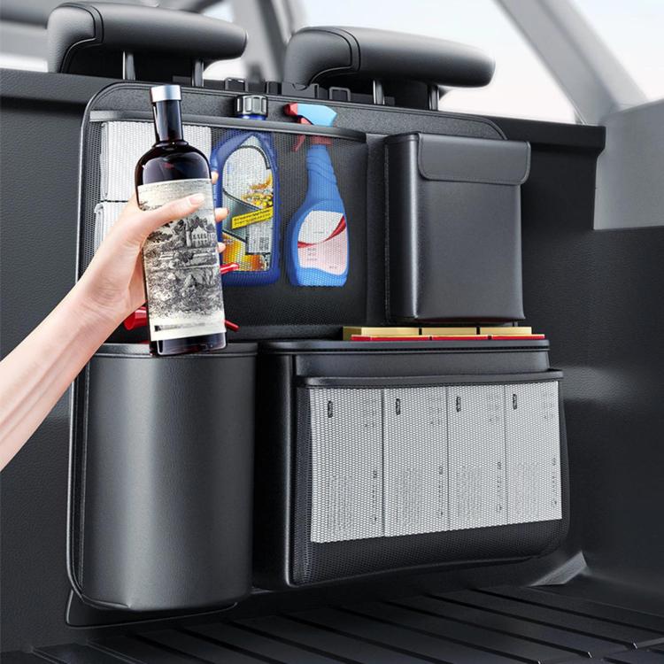 Car trunk seatback storage hanging bag with mesh pockets and side drink holder