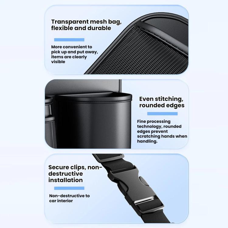 Car trunk seatback storage hanging bag with transparent mesh panel and reinforced stitching