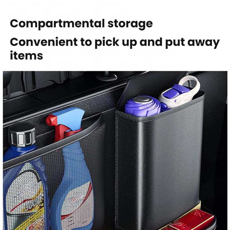 Car trunk seatback storage hanging bag with mesh and mesh-free compartments for small items