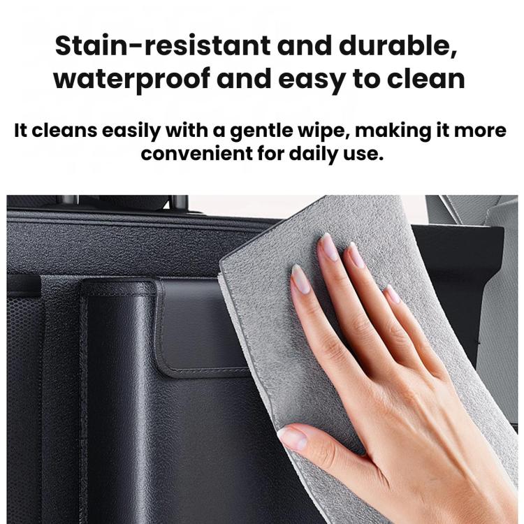 Car trunk seatback storage hanging bag with wipe-clean fabric pocket and rounded flap
