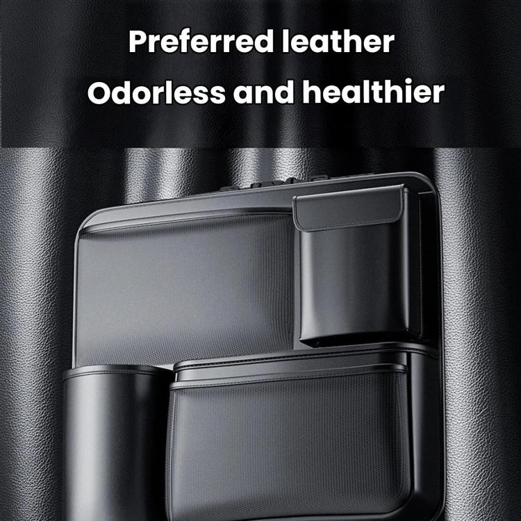 Car trunk seatback storage hanging bag with dark leather-style finish and top latch pocket