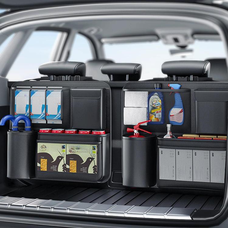 Car trunk seatback storage hanging bag set with multiple compartments in SUV trunk area