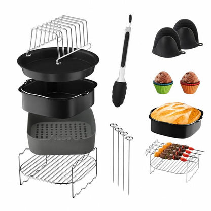 Air-fryer baking kit with black silicone liners, grill rack, cake pan, and tools