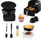 Air-fryer baking kit with black pan, silicone liners, utensils, and grill rack