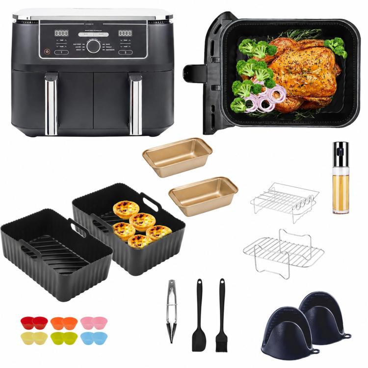 Air-fryer baking kit with metal grill racks, golden bake pans, silicone liners, and tools