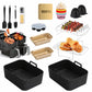 Air-fryer baking kit with baking pans, grill racks, silicone liners, and black utensils