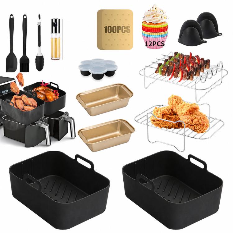 Air-fryer baking kit with baking pans, grill racks, silicone liners, and black utensils
