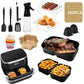Air-fryer baking kit with silicone liners, grill racks, cake pan, and measuring bottle