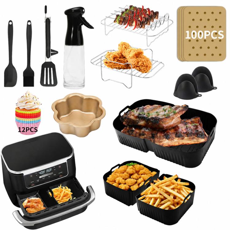 Air-fryer baking kit with silicone liners, grill racks, cake pan, and measuring bottle