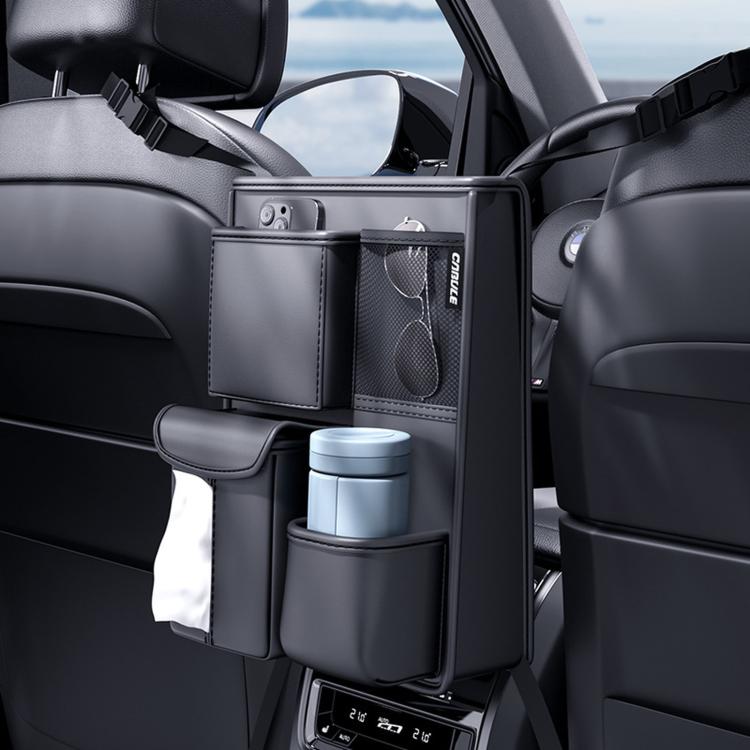 Car seat back storage hanging bag with multiple compartments and bottle holder, dark gray