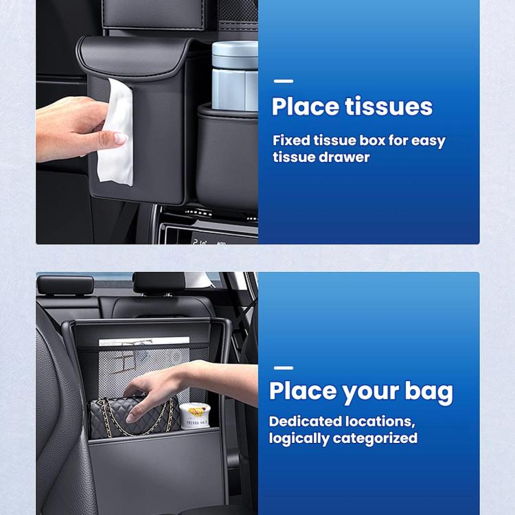 Car seat back organizer with tissue box compartment and open storage pockets, dark gray