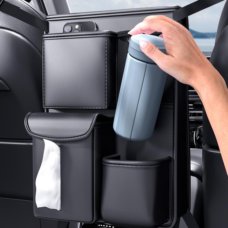 Car seat storage bag with drink holder and tissue pocket, dark gray, with bottle