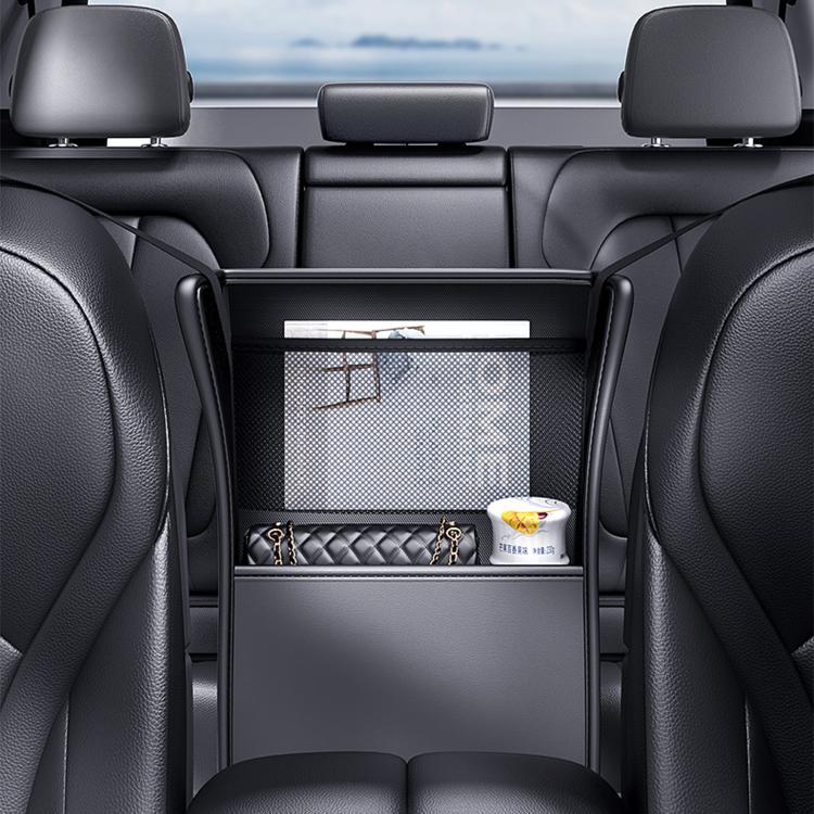 Car seat back storage organizer hanging between seats, dark gray, with items in pockets