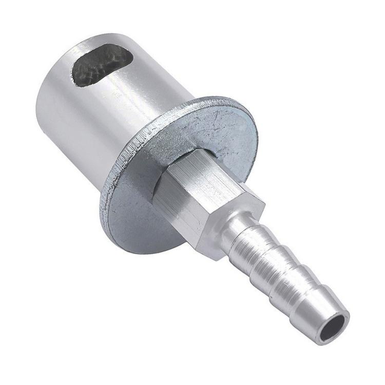Automotive fuel tank exhaust valve, silver remote-mounted stem and hose barb