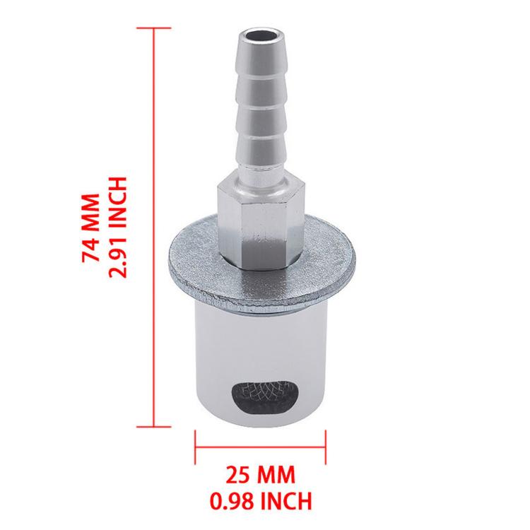 Silver remote vent valve with size markings: 74 mm and 25 mm dimensions