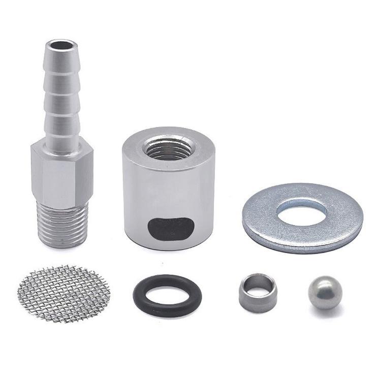 Silver vent valve components set with hose barb, gasket, and mounting disc