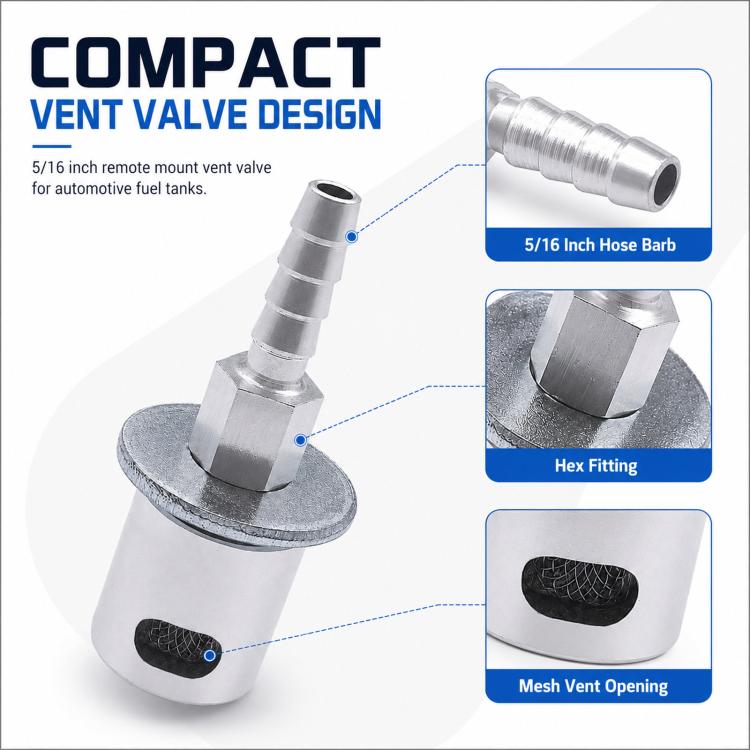 Automotive remote-mounted vent valve with hose barb and mesh vent opening
