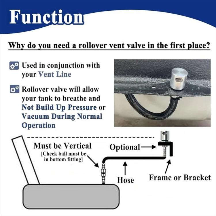 Fuel tank rollover vent valve schematic with hose connection and bracket mount