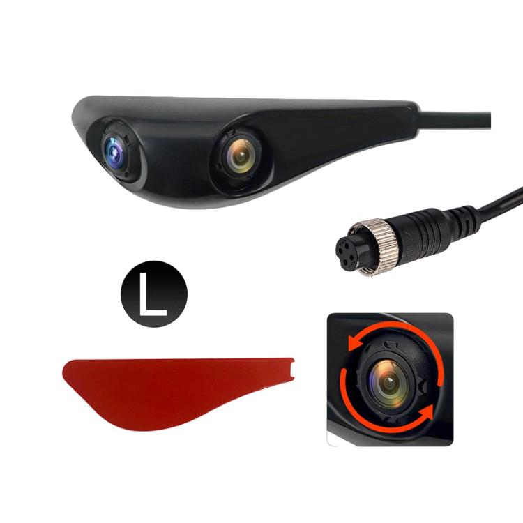 Dual-lens car rearview mirror camera with aviation connector, black housing, left-side view